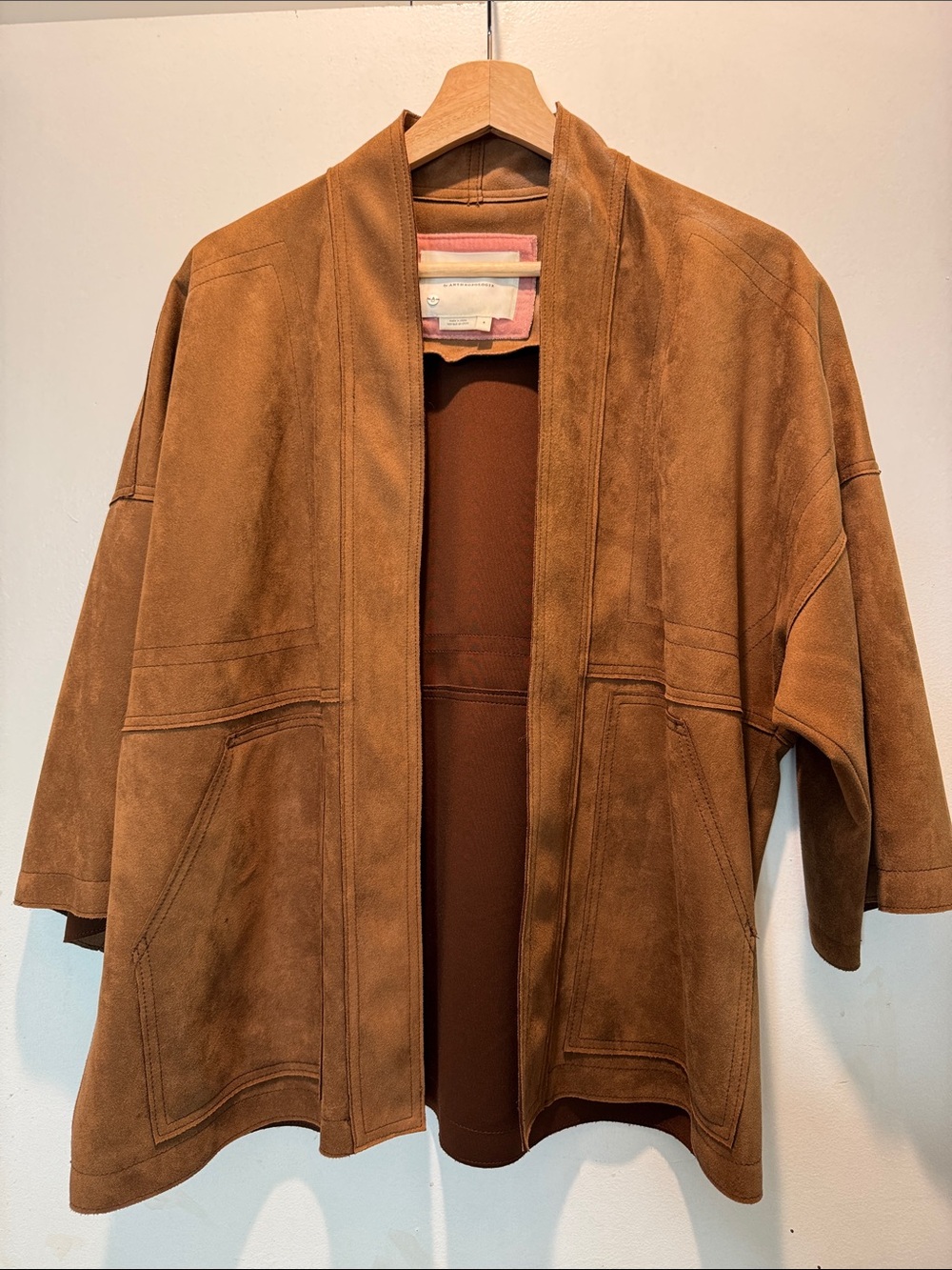Anthropologie Faux Suede Open-Front Coatigan in Cognac Brown